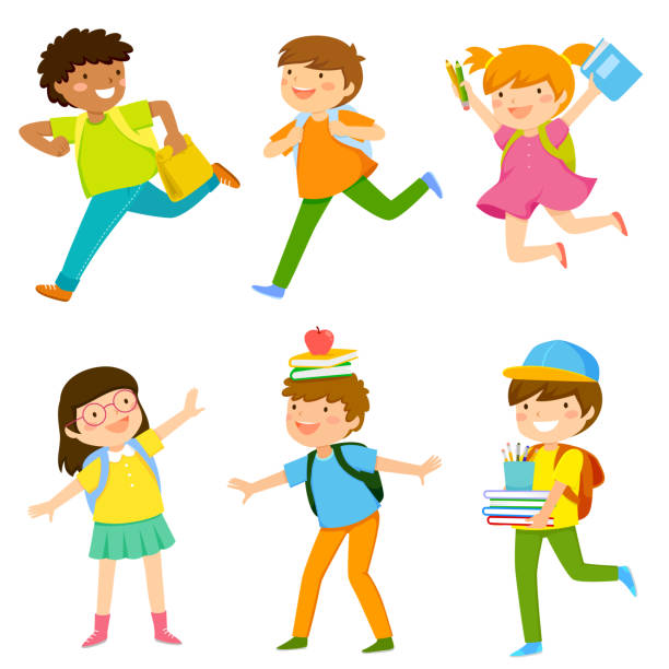 학교 kids - child jumping white background small stock illustrations