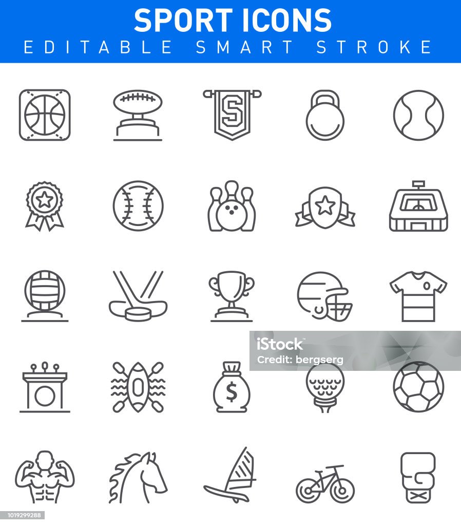 Sport and Achievement Icons. Editable stroke Sport Icons with football,baseball,hockey,horse symbols Icon Symbol stock vector