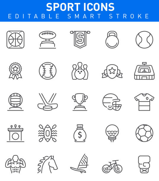 Sport and Achievement Icons. Editable stroke Sport Icons with football,baseball,hockey,horse symbols laureate stock illustrations