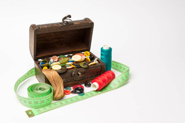 istock Small wooden box with buttons and threads on a white background 1019302678