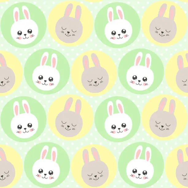 Vector illustration of Cute baby pattern with little bunny. Cartoon animal kids print vector seamless. Funny polka dot background for spring easter card, children fabric, birthday party, nursery textile, bedroom wallpaper.
