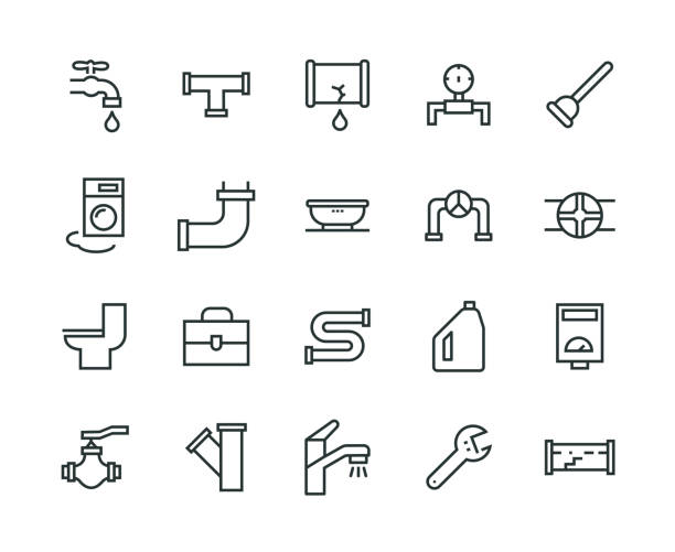 ilustraciones, imágenes clip art, dibujos animados e iconos de stock de conjunto de iconos de fontanero - plumber