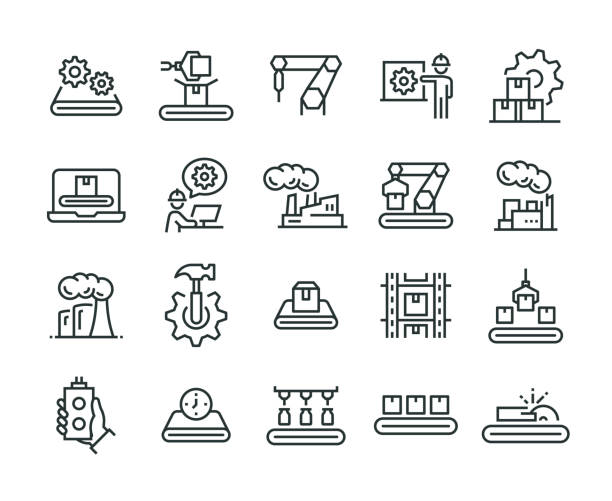 ilustraciones, imágenes clip art, dibujos animados e iconos de stock de conjunto de iconos de la producción en masa - manufacturing