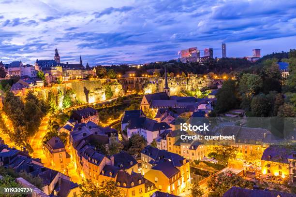 Luxembourg Kirchberg At Sunset Stock Photo - Download Image Now - Luxembourg City - Luxembourg, Luxembourg - Benelux, Aerial View