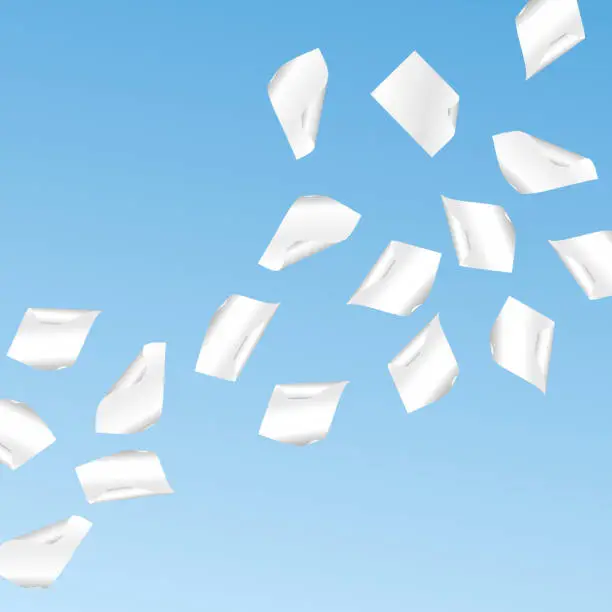 Vector illustration of Vector flying shaded white papers on blue background.