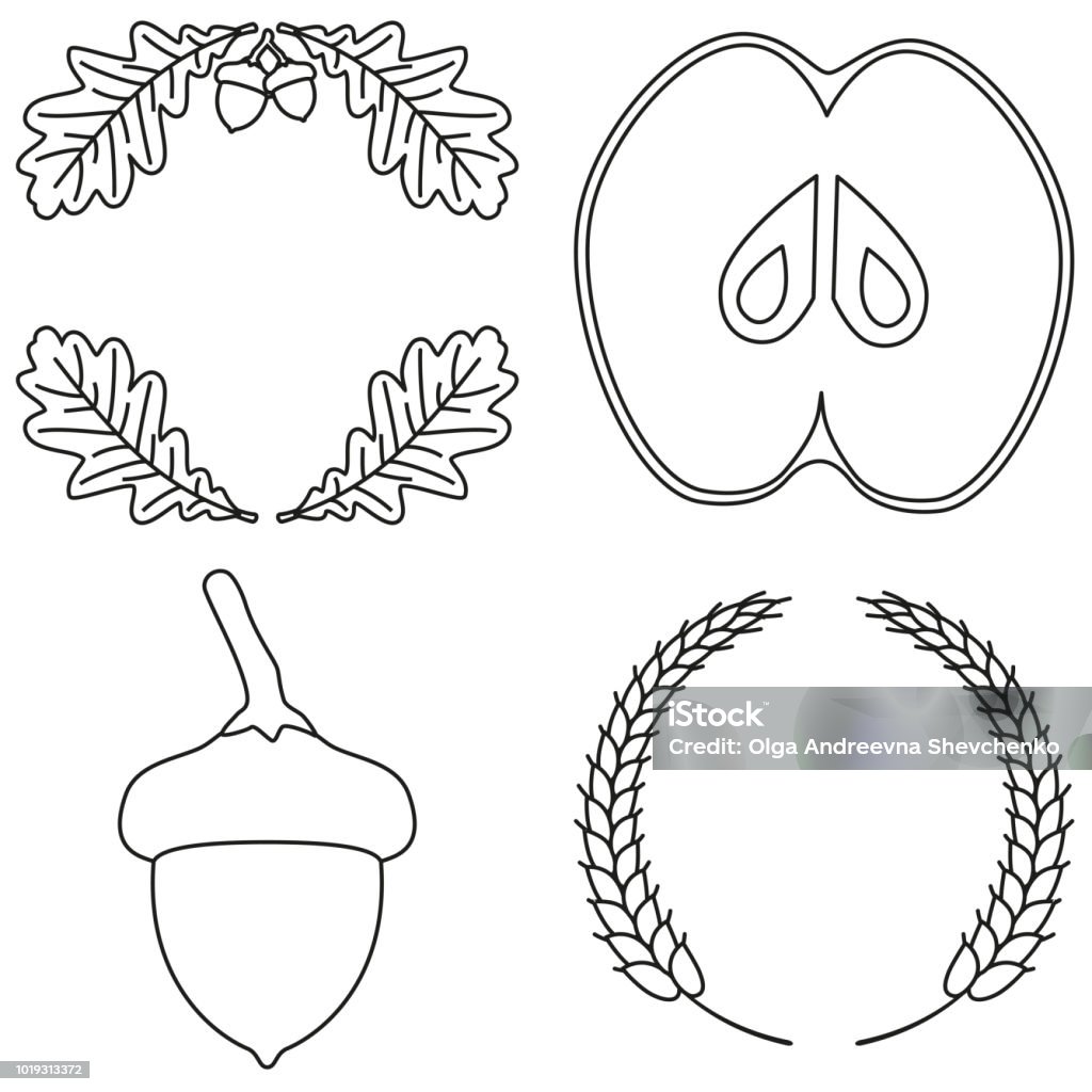4 line art black and white harvest elements 4 line art black and white harvest elements and wreath. Seasonal fall plants. Autumn festival themed vector illustration for icon, label, sticker, badge, gift card, certificate or flayer decoration Border - Frame stock vector