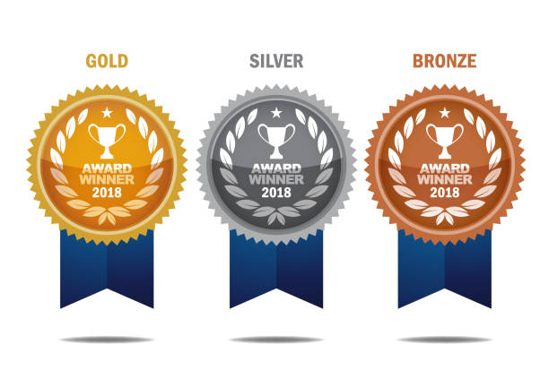 Gold, silver and bronze winner medals Vector Gold, silver and bronze winner medals with blue color ribbons. EPS Ai 10 file format. award badge stock illustrations