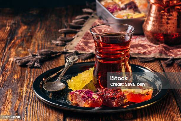 Tea In Armudu With Oriental Delight Stock Photo - Download Image Now - Tea - Hot Drink, Azerbaijan, Iftar