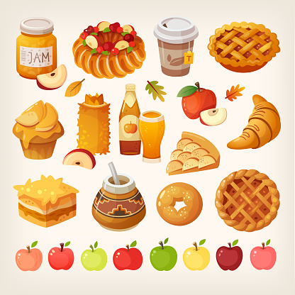 Big variety of apples icons and different kinds of baked food cooked from the fruit. Isolated vector images.