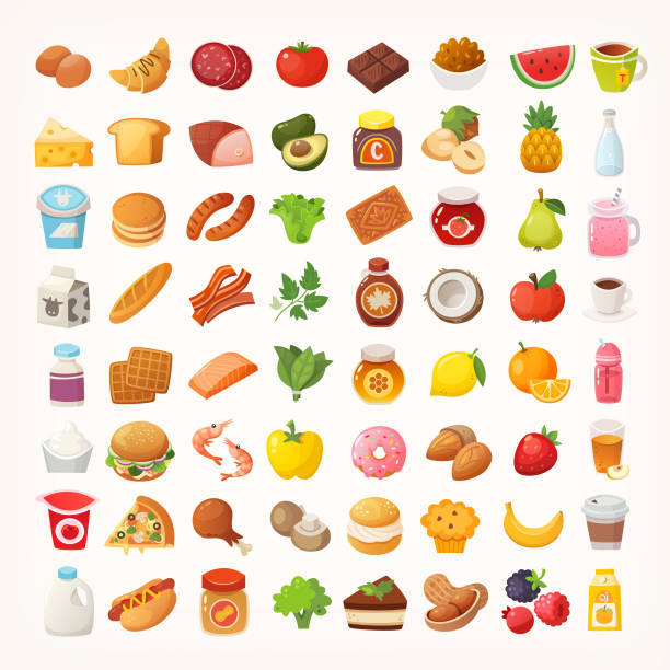 ilustraciones, imágenes clip art, dibujos animados e iconos de stock de gran número de alimentos de diferentes categorías. iconos vector aislado - emoticono ilustraciones