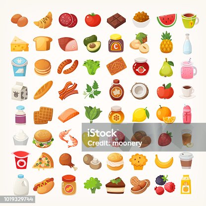 istock Big number of foods from various categories. Isolated vector icons 1019329744