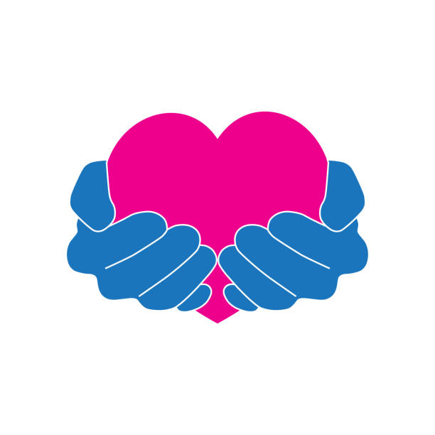 Hands holding pink heart with love and care icon logo vector graphic design Hands holding pink heart with love and care icon logo vector graphic design. hands cupped stock illustrations