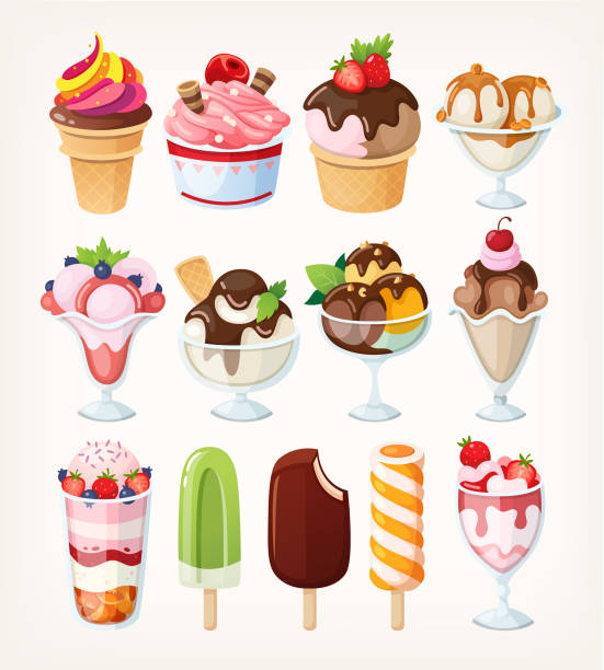 illustrazioni stock, clip art, cartoni animati e icone di tendenza di set di icone vettoriali dei gelati dei cartoni animati in diversi gusti, tazze e con vari condimenti. - coppa gelato