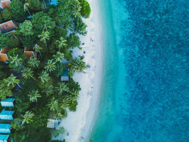 aerial drone view of the beach vacation on the beach aerial landscape, drone view of paradise island coast koh chang stock pictures, royalty-free photos & images