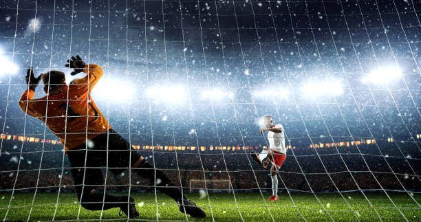 istock Attacker scores a goal and celebrates victory on a professional soccer stadium while it`s snowing. 1019335706