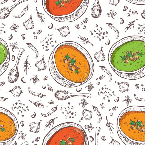 Vector illustration of Cream soup vector seamless pattern. Isolated hand drawn bowl of soup, spoon and spices. Pumpkin soup, tomato soup, broccoli soup. Vegetable doodle style background. Detailed vegetarian food sketch.