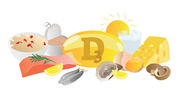 Vitamin D3 vector illustration. Its source collection set. Fish, eggs, milk, sun, caviar and capsule isolated on white background. Healthy and good living nutrition. Vitamin D3 vector illustration. Its source collection set. Fish, eggs, milk, sun, caviar, cheese and capsule isolated on white background. Healthy and good living nutrition. Avoid deficient with this. magnesium deficiency stock illustrations