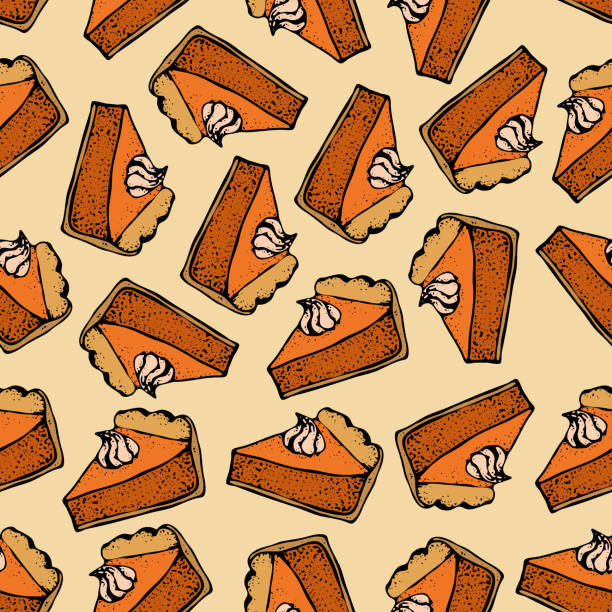 ilustrações de stock, clip art, desenhos animados e ícones de pumpkin pie with cream seamless pattern. hand drawn sketch of the pie piece. thanksgiving day vector illustration.  for identify the restaurant, packaging, menu design - pie baked food pumpkin pie