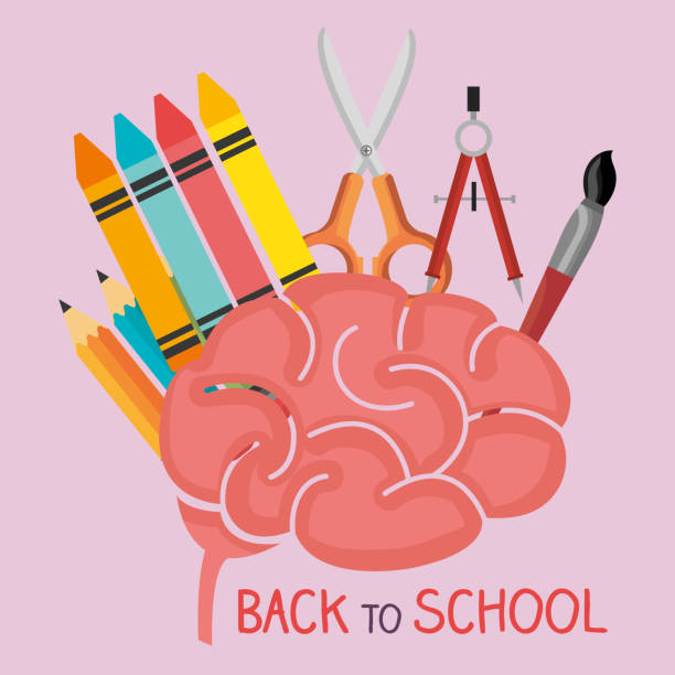 ilustrações de stock, clip art, desenhos animados e ícones de back to school label with brain storming - education childhood school drawing compass