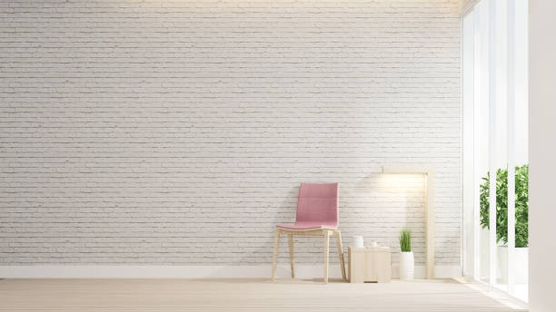 decorar de rosa silla y espacio living comedor en pared de ladrillo blanco. vivir el espacio de pared de ladrillo y área para agregar mensaje. interior diseño simple. arte para el negocio de la residencia. render 3d - hotel reception hotel lobby flower fotografías e imágenes de stock