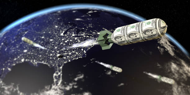 Economic War Concept With Dollar Rocket Financial and economic war concept with dollar bomb on globe earth. All the world map textures are originally from NASA. (3d render) terrorist financing stock pictures, royalty-free photos & images