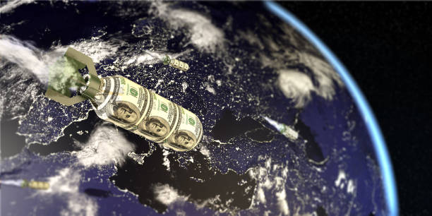 Economic War Concept With Dollar Rocket Financial and economic war concept with dollar bomb on globe earth. All the world map textures are originally from NASA. (3d render) terrorist financing stock pictures, royalty-free photos & images