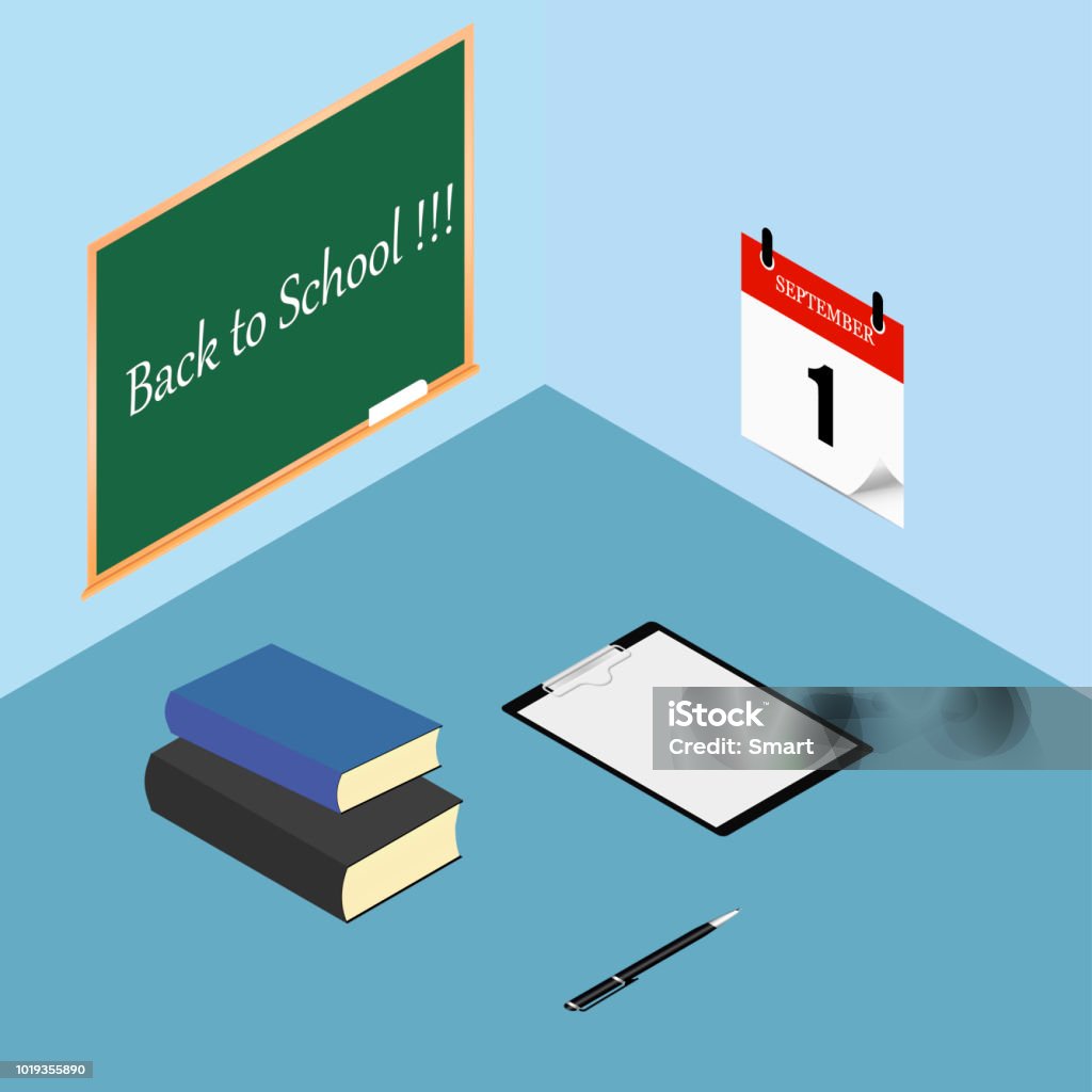 Back to school. Books, checklist, clipboard and pen on desktop, worktable. Calendar on the wall. Vector illustration Autumn stock vector