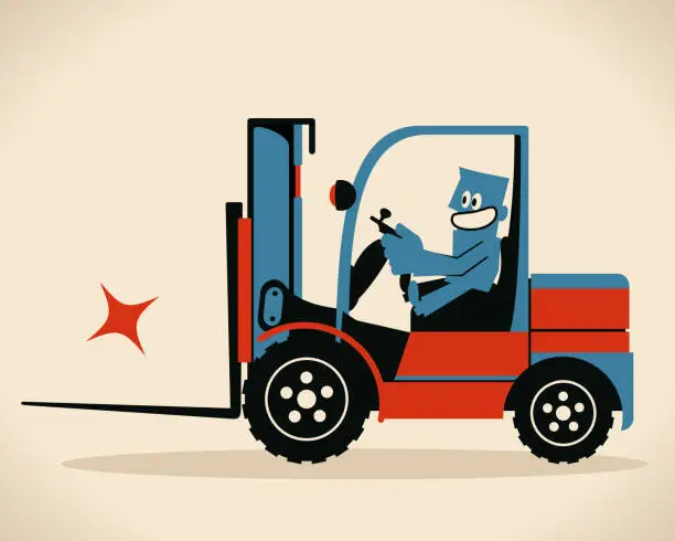 Vector illustration of Smiling construction worker driving a forklift