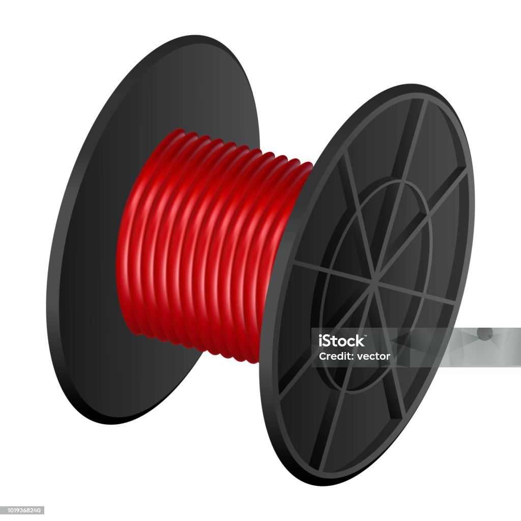 Red cable coil mockup, realistic style Red cable coil mockup. Realistic illustration of red cable coil vector mockup for web design isolated on white background Cable stock vector