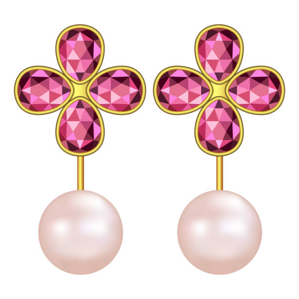 ilustraciones, imágenes clip art, dibujos animados e iconos de stock de maqueta de la perla pendientes de rubíes, estilo realista - pearl necklace earring jewelry