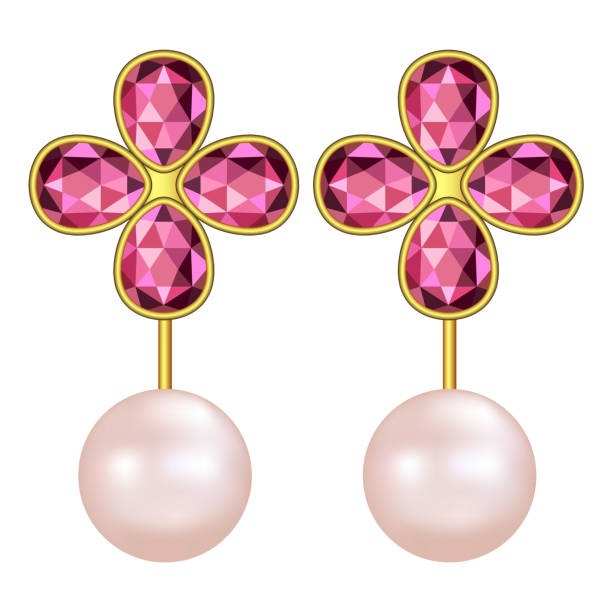 パール ルビー イヤリング モックアップ、現実的なスタイル - pearl necklace earring jewelry点のイラスト素材／クリップアート素材／マンガ素材／アイコン素材