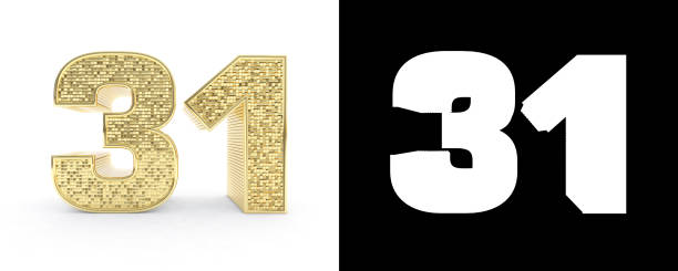 istock Golden number thirty one (number 31) on white background with drop shadow and alpha channel. 3D illustration 1019371820