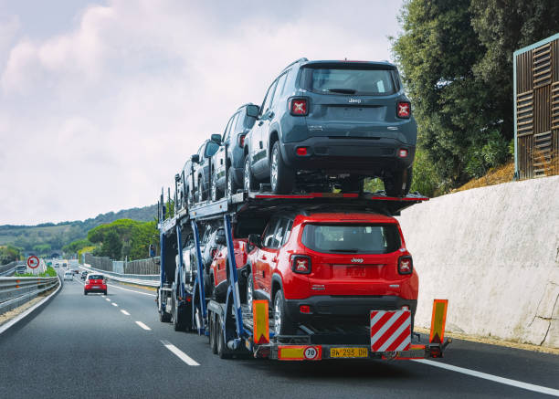 Rome, Italy - September 7, 2017: Car carrier in the road. Truck transporter
