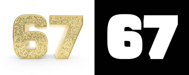 istock Golden number sixty seven (number 67) on white background with drop shadow and alpha channel. 3D illustration 1019372474