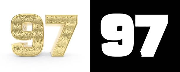 istock Golden number ninety seven (number 97) on white background with drop shadow and alpha channel. 3D illustration 1019378678