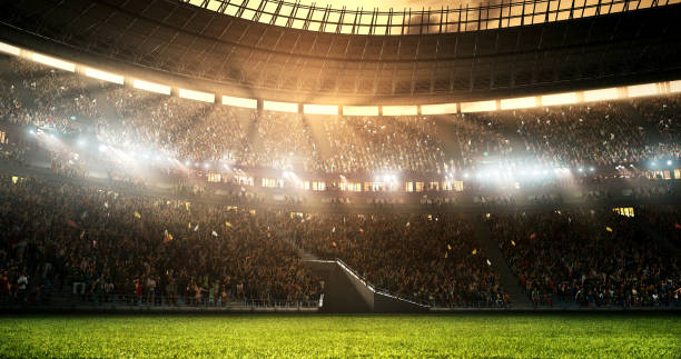 Photo of a professional soccer stadium while the sun shines Photo of a professional soccer stadium while the sun shines. Stadium and crowd are made in 3D tribune tower stock pictures, royalty-free photos & images