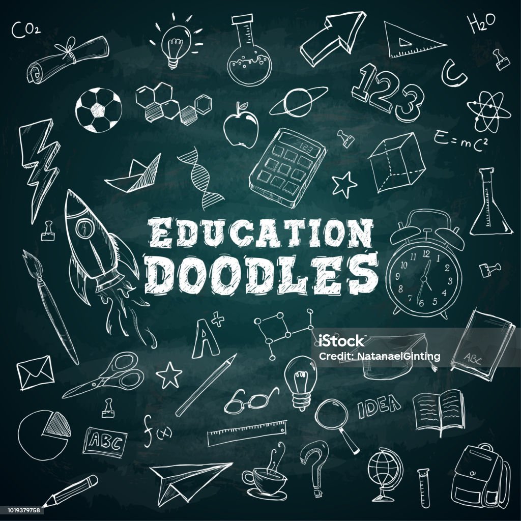 Doodles texte école stationnaire Doodles Bundle Pack sur tableau noir - clipart vectoriel de Tableau libre de droits