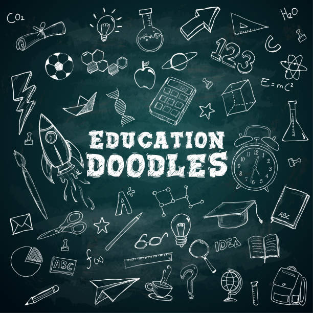stockillustraties, clipart, cartoons en iconen met onderwijs doodles tekst school stationaire doodles bundel pack op blackboard - schoolgebouw
