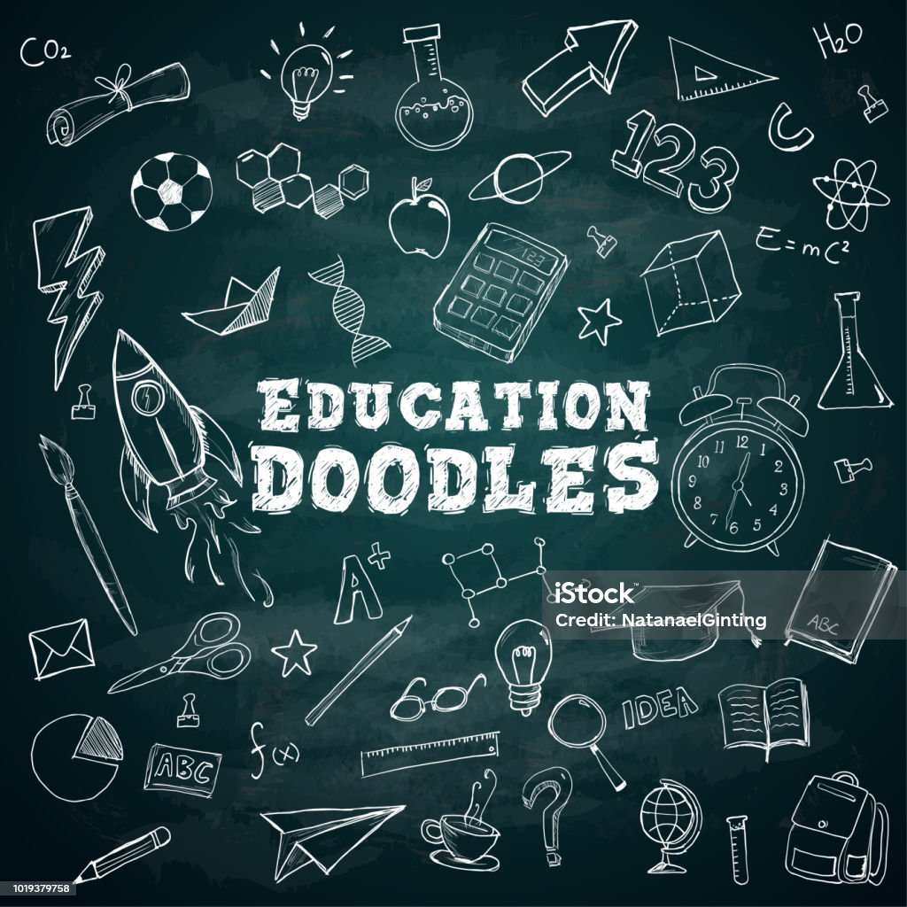 Education Doodles Text School Stationary Doodles Bundle Pack on Blackboard Chalkboard - Visual Aid stock vector