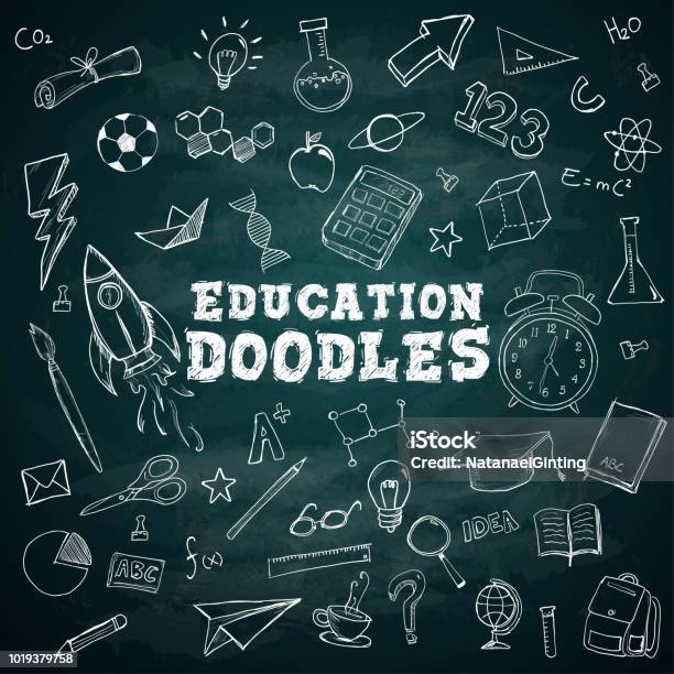 Education Doodles Text School Stationary Doodles Bundle Pack On Blackboard Stock Illustration - Download Image Now