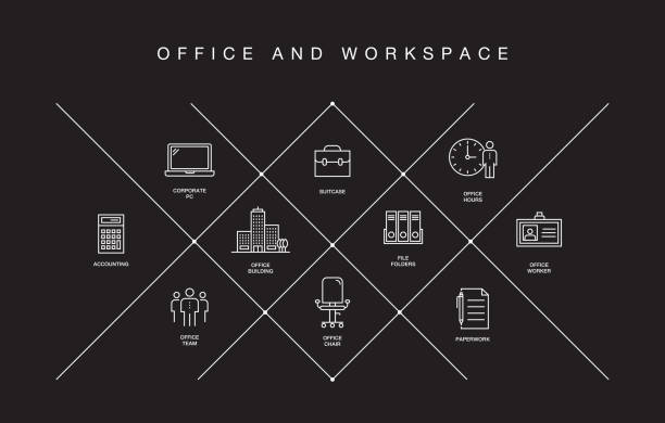 Office and Workspace Line Icons Office and Workspace Line Icons desktop computer backgrounds stock illustrations