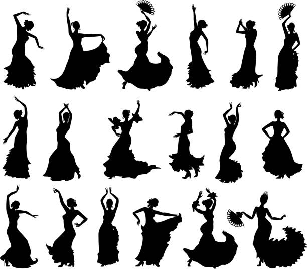 ilustrações, clipart, desenhos animados e ícones de grande conjunto de silhuetas de dançarinos de flamenco - silhouette white background black white