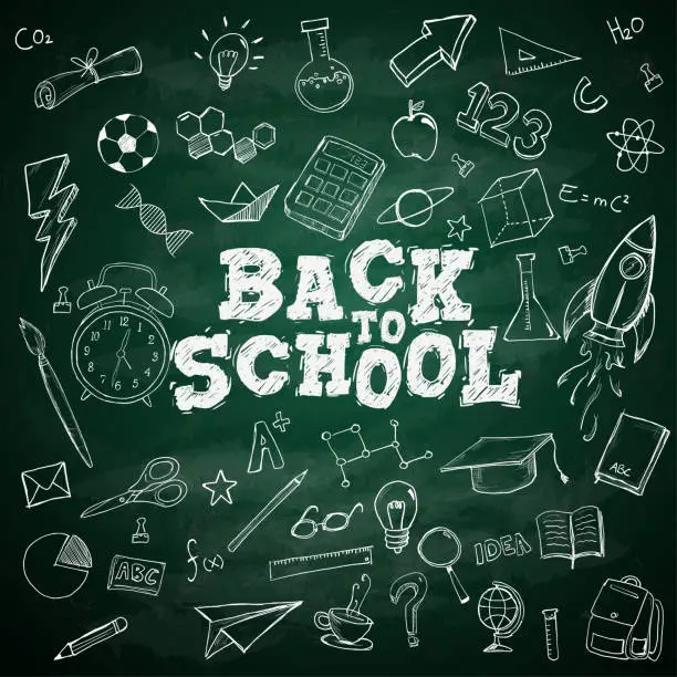 Vector illustration of Back to School Text School Stationary Doodles on Blackboard