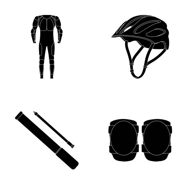 Full-body suit for the rider, helmet, pump with a hose, knee protectors.Cyclist outfit set collection icons in black style vector symbol stock illustration web. Full-body suit for the rider, helmet, pump with a hose, knee protectors.Cyclist outfit set collection icons in black style vector symbol stock illustration kneepad stock illustrations