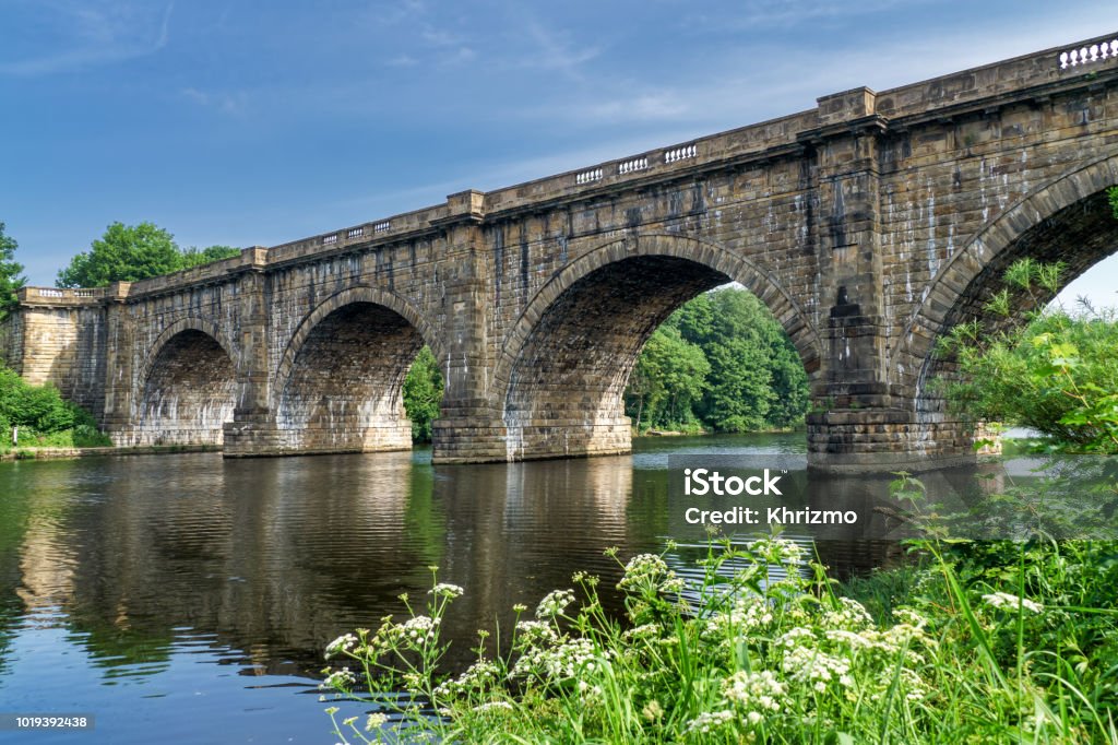 The Lune valley aqueduct, which carries the Lancaster canal over The Lune valley aqueduct, a magnificent Victorian engineering achievement, which carries the Lancaster canal over the river Lune. Lancaster - Lancashire Stock Photo