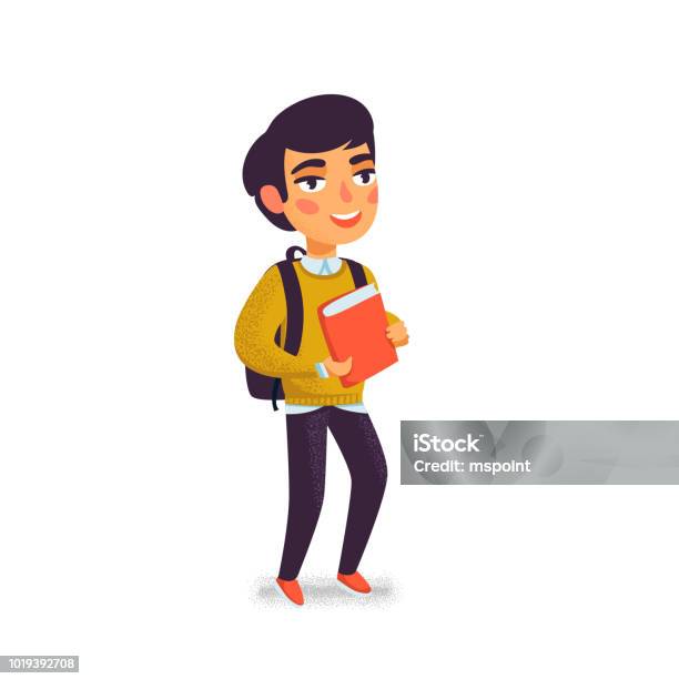 A Boy With Book And Backpack On White Background Happy Student Elementary School Pupil Cheerful Young Man Back To School Vector Illustration In Flat Cartoon Style With Grain Texture Stock Illustration - Download Image Now