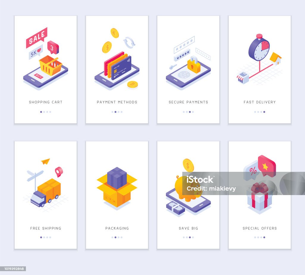 Online shopping app screens Editable set of vector illustrations on layers. 
This is an AI EPS 10 file format, with transparency effects, gradients and blends. Isometric Projection stock vector