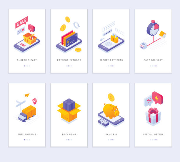 Online shopping app screens Editable set of vector illustrations on layers. 
This is an AI EPS 10 file format, with transparency effects, gradients and blends. isometric projection illustrations stock illustrations