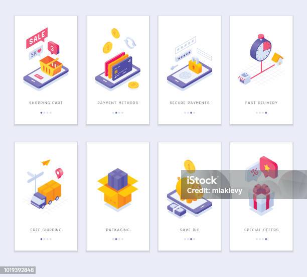 Online Shopping App Screens Stock Illustration - Download Image Now - Isometric Projection, Three Dimensional, Illustration