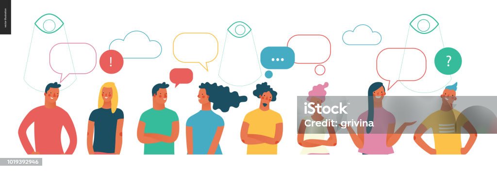 Bright people portraits set - young men and women Bright people portraits - young men and women - row of talking people with bubbles above and watching eyes in the sky, chat and observing big brother, supervising concept Discussion stock vector